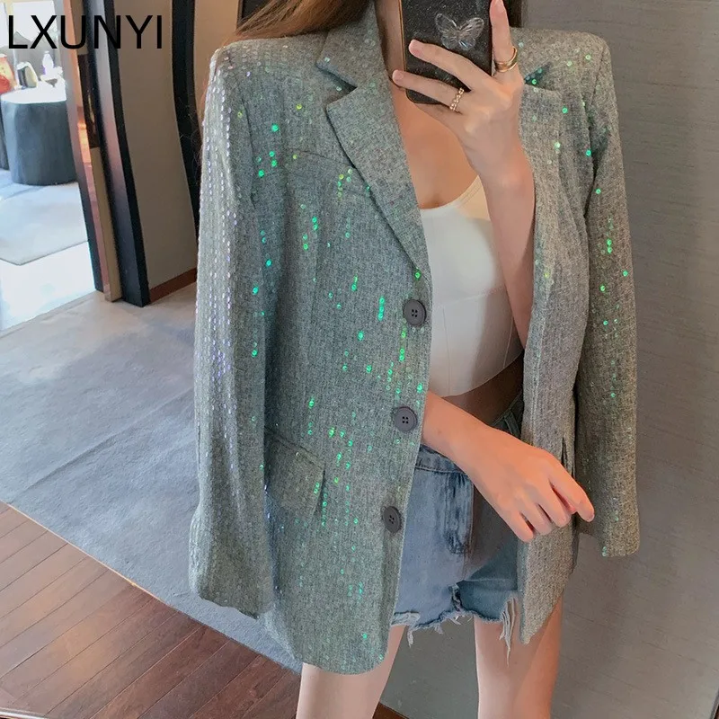 LXUNYI High Quality Fashion Designer Sequins Blazer Women Spring Autumn Single Breasted Loose Thin Heavy Oversized Jacket Female