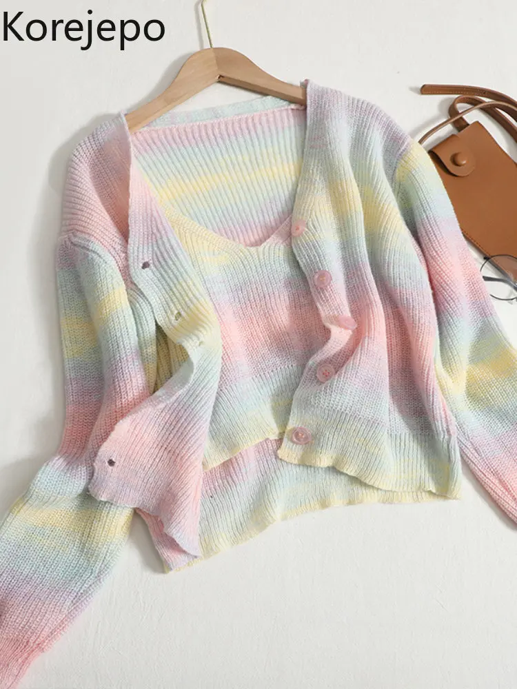 

Свежий постепенно меняющийся свитер кореjepo из двух частей, женский осенне-зимний вязаный кардиган свободного покроя, Радужный, с маленьким...
