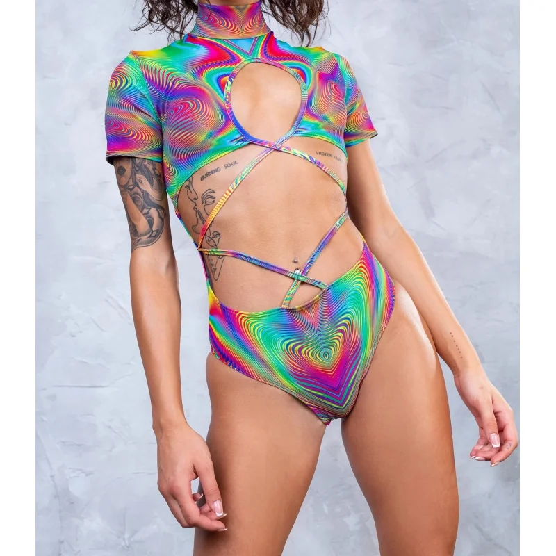 

Spectrum Glitzy Lace Up One-piece Swimsuit Rainbow Sexy Skinny 3D Printed Jumpsuits Cosplay Costumes Female Bathing Suit Party