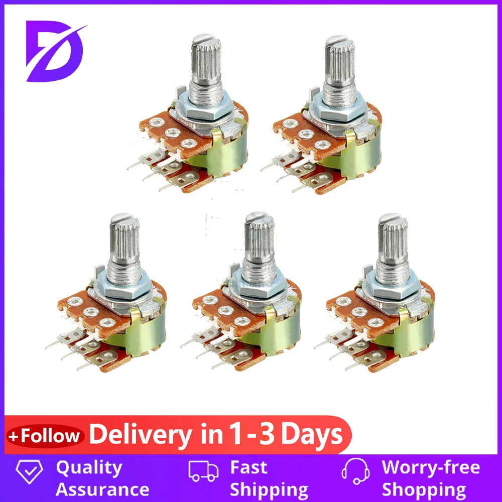 

5PCS WH148 1K 5K 10K 50K 100K 500K 1M Ohm 15mm 6Pin Shaft Amplifier Dual Linear Taper Rotary Potentiometer Resistors for Arduino