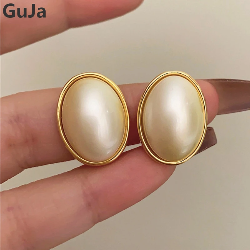 

Retro Jewelry 925 Silver Needle Elegant Temperament Oval Simulated Pearl Earrings For Women Female Accessories Party Gift