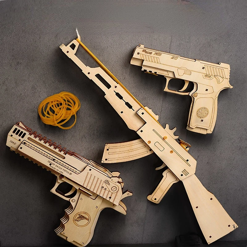 

3D Wooden Puzzle Rubber Band Gun Justice Guard Pistol Desert Eagle AK47 Cossack M60 Teen Fun Outdoor Shooting Club Souvenir Gift