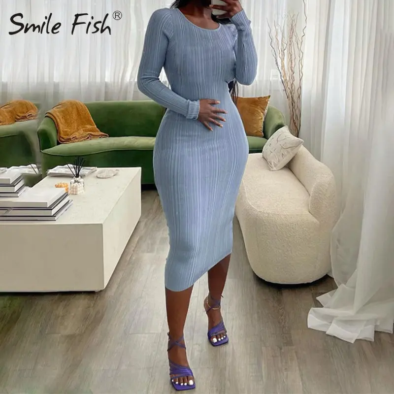 

2022 Warm Autumn Sexy Woman Knit Clubwear O-Neck Slim Midi Dress for Women Winter Blue Casual Office Lady Work Dress Robe G1229