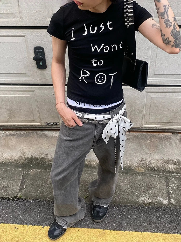 RMDT I Just Want to Lazy American Street Sle Hot Girl Повседневная облегающая футболка с короткими