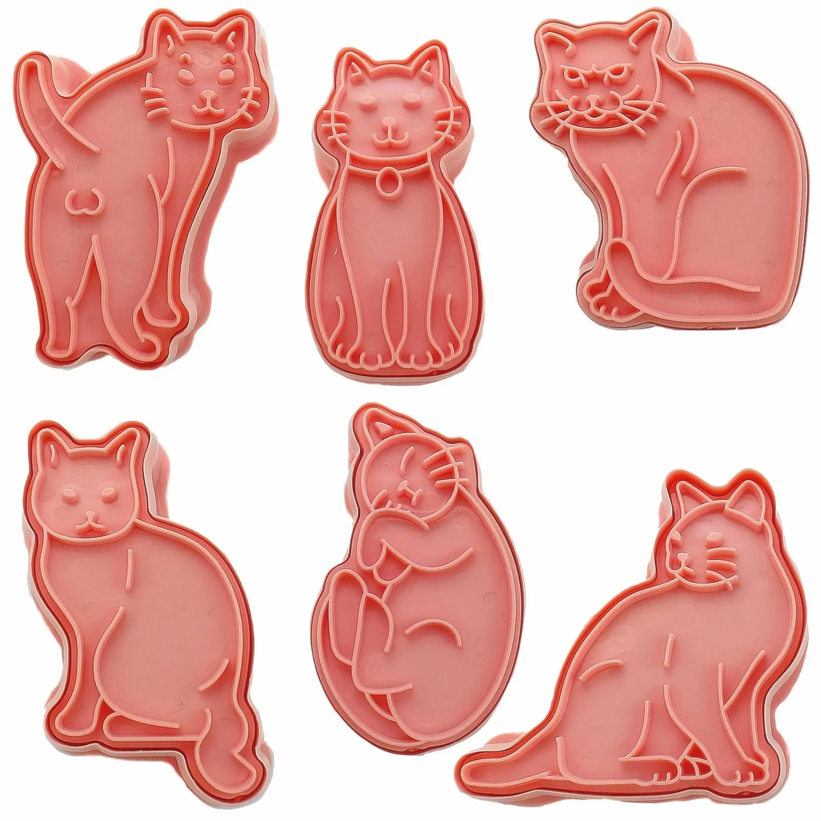 

6 pcs of Food Grade Plastic Pink 3D Cat Cookie Stamps Set, Pastry Biscuit Cake Baking DIY Molds Fondant Stamper Tools