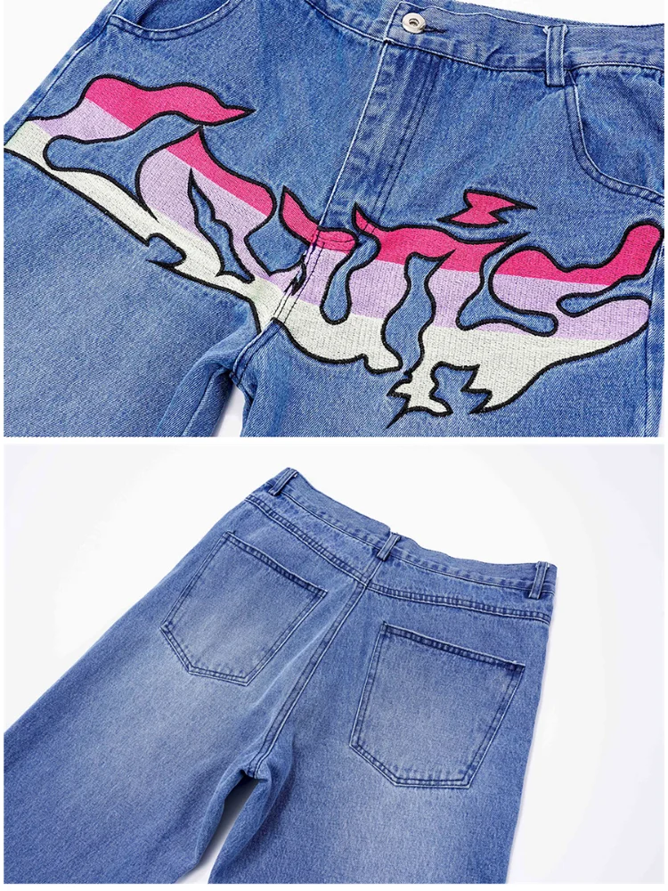 Four Seasons Men's Jeans High Street Contrast Color Letter Embroidery Trend Slim Small Straight Trousers Streetwear Ins Hot Sale