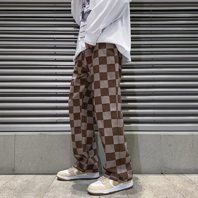 2022New Spring New Men's Brown Check Print Baggy Jeans Korean Fashion Streetwear Denim Straight Pants Male Brand Trousers