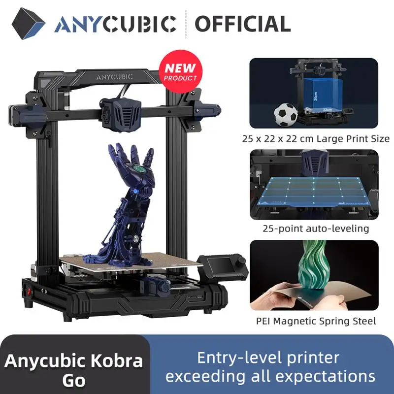 

3D принтер ANYCUBIC KOBRA GO, 3D-принтер начального уровня, 22 х22х25 см, размер печати 25 точек, автовыравнивание