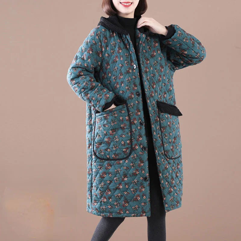 

Coat Women Winter Long Cotton-padded Jacket Warm Parkas Femme Hooded Cotton Coats Floral Printed Cotton Jackets Korean Fashion