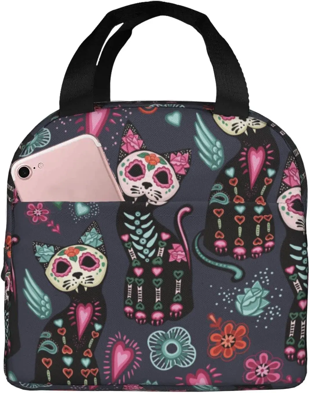 

Lunch Bag Halloween Cat Horror Insulated with Compartments Reusable Cute Prints Tote Handle Portable Lunch Box Work School