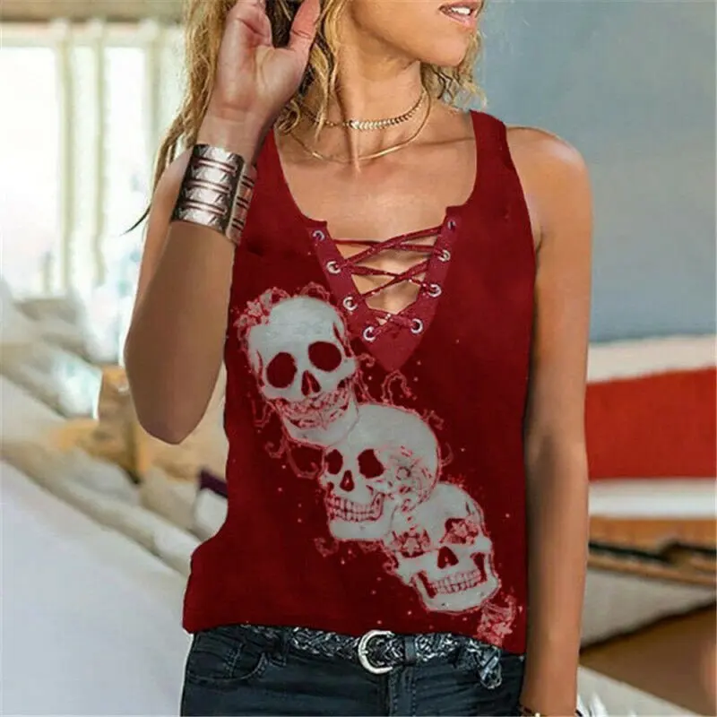 

Womens Vest Tank Sleeveless Skull T Shirt Ladies V Neck Tops Blouse