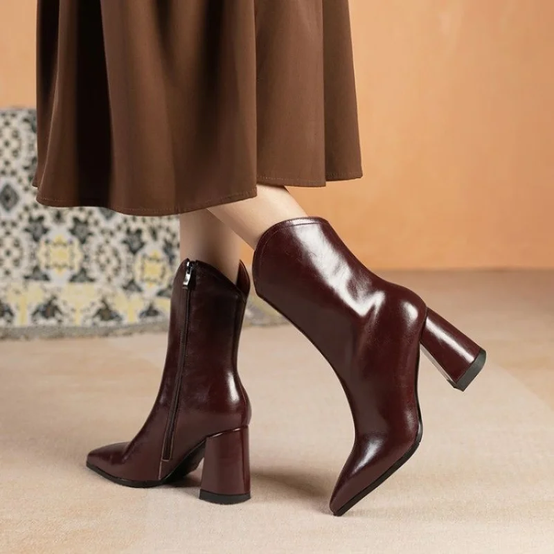 

Retro Combat Boots Women Sexy High Heels New 2023 Spring PU Leather Ankle Boots Lady Pointed Toe Side Zip Punk Shoes Brown Black