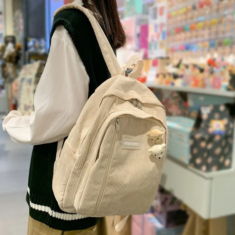 

Stripe Cute Corduroy Woman Backpack Schoolbag For Teenage Girls Boys Luxury Harajuku Female Fashion Bag Student Lady Book Pack