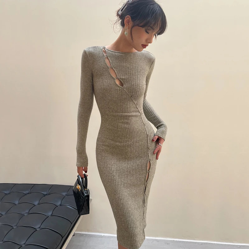 

Women Asymmetric Button Sexy Knit Dress
