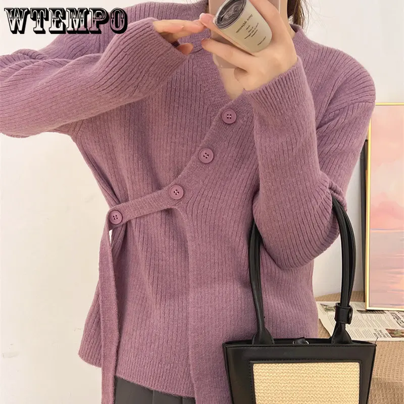 

Женский кардиган WTEMPO, свитер, корейский Модный трикотажный свитер с диагональной пряжкой и лентой, универсальный осенний трикотажный топ