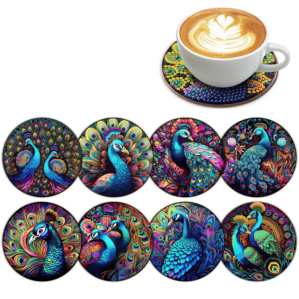 

8pcs DIY Diamond Painting Coasters Peacock Diamond Art Coasters Decoration Set Anti slip Adults and Children Art Craft Gifts