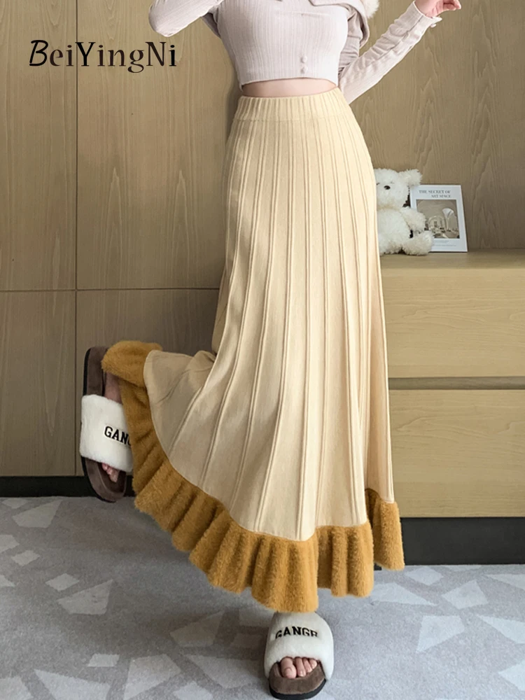 

Осенне-зимние корейские вязаные юбки Beiyingni для женщин, теплая утепленная винтажная шикарная плиссированная Макси-юбка в стиле пэчворк для отдыха и улицы