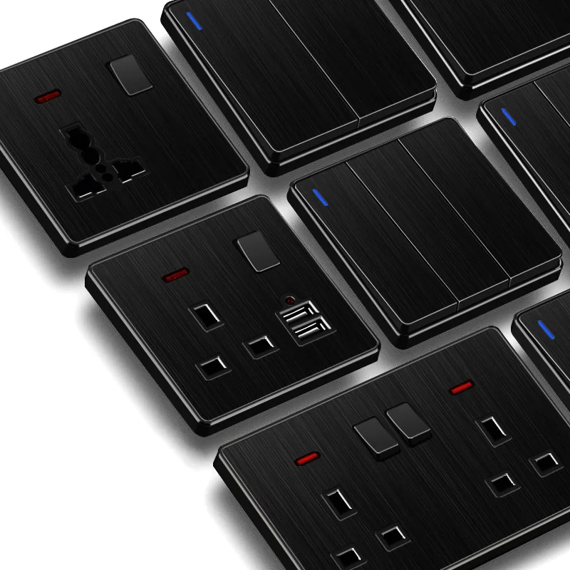 

Black Aluminum Panel Brushed Uk 13A Light Switch with Socket. Type-CUSB Wall Universal Socket. Saudi 220V Electrical Switch