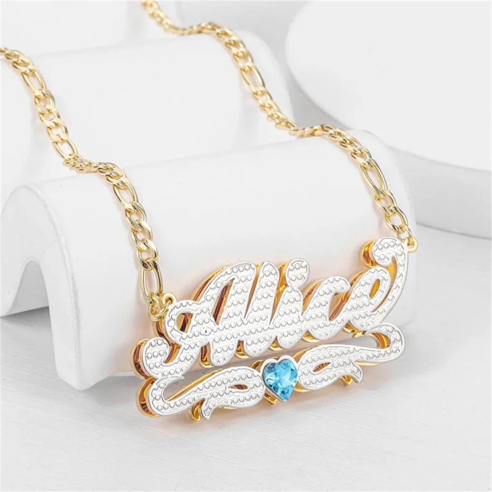 

Custom Nameplate Necklace with Birthstone Personalize Double Plate Name Necklace Stainless Steel Birthday Gift Mothers Gifts