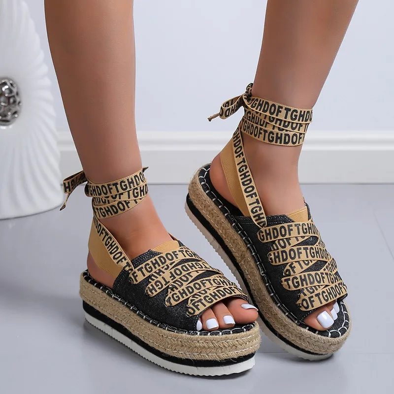 2022 Summer New Ladies Sandals Plus Size 43 Platform Sandals Wedge Casual Beach Shoes Ladies Flat Lace Up Ladies Espadrilles