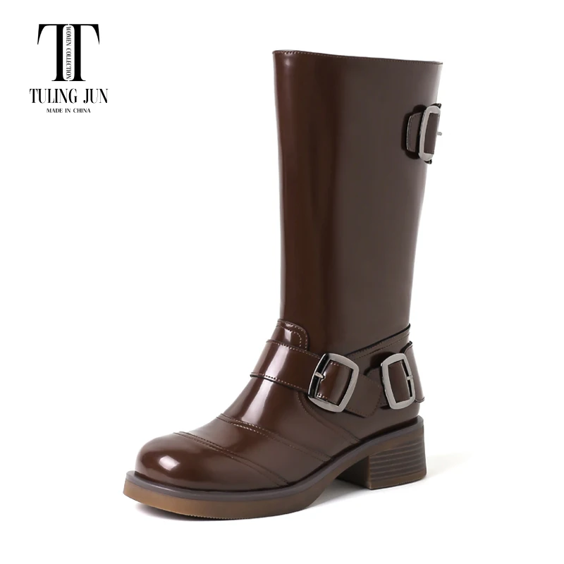 

Женские ботильоны с круглым носком TULING JUN, зимние полусапожки до середины икры, однотонные ботинки на низком квадратном каблуке, 2023