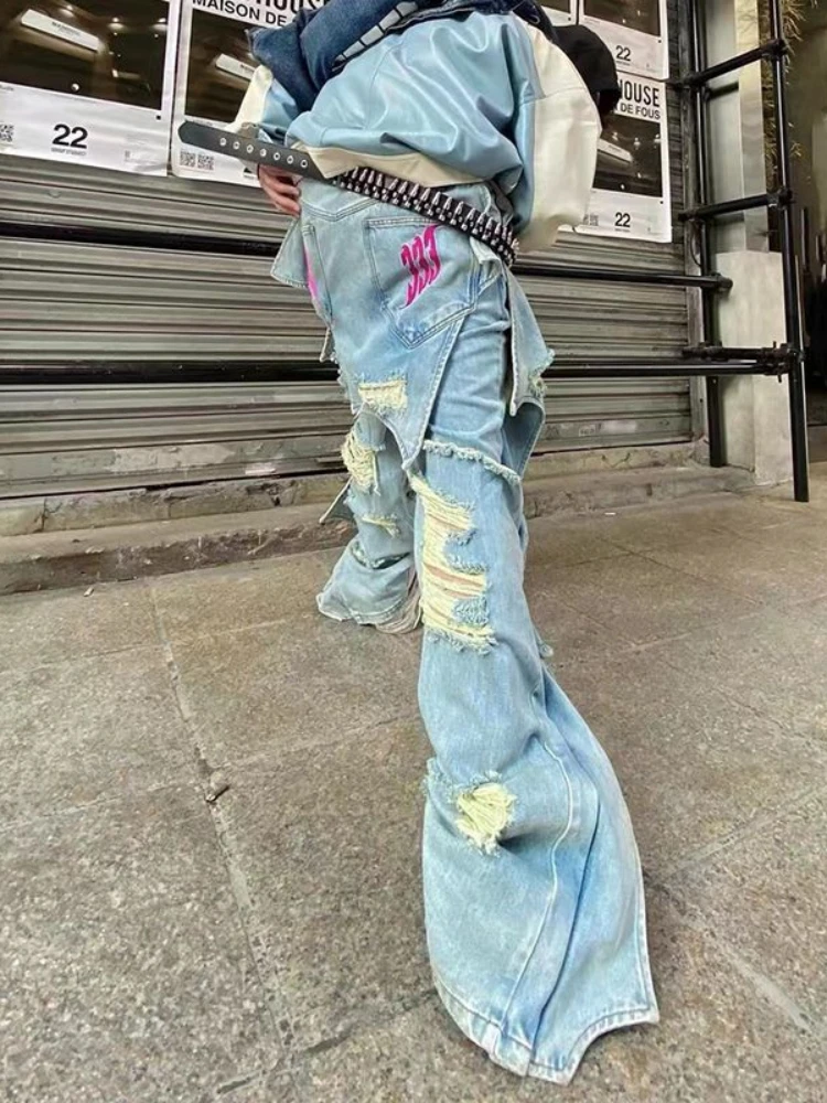 DEEPTOWN Designer Ripped Jeans Men Patchwork Straight Denim Pants Male Hip Hop Trousers Loose Streetwear Punk Hole New Fashion