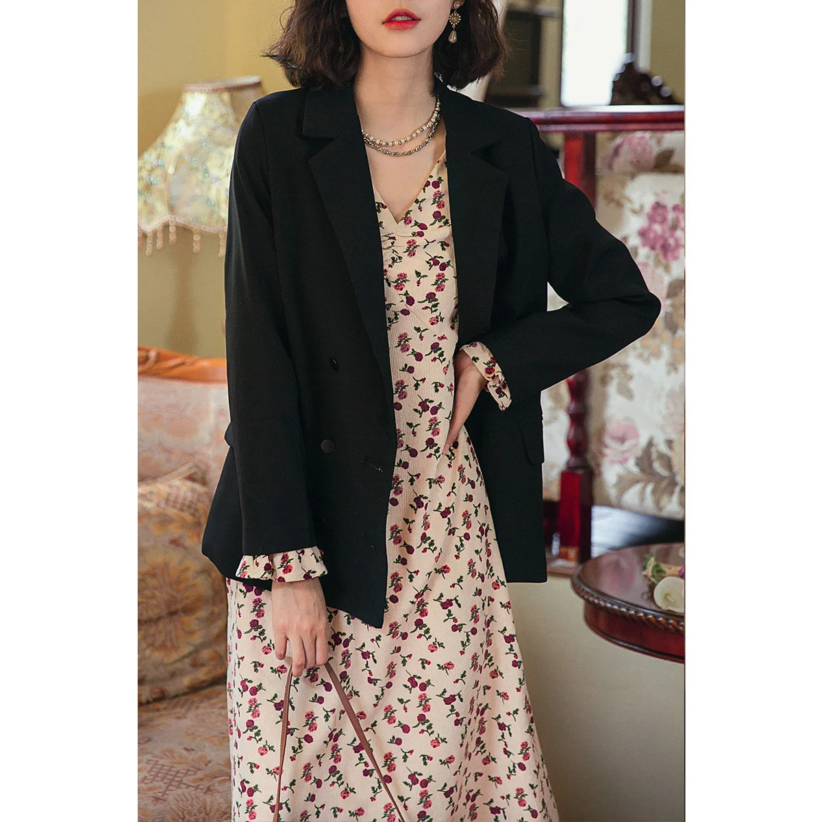 French Rose Dress Long Sleeve Bubble Sleeve V-neck Fragmented Flower Dress Female Spring and Autumn Inner Wear Long Skirt