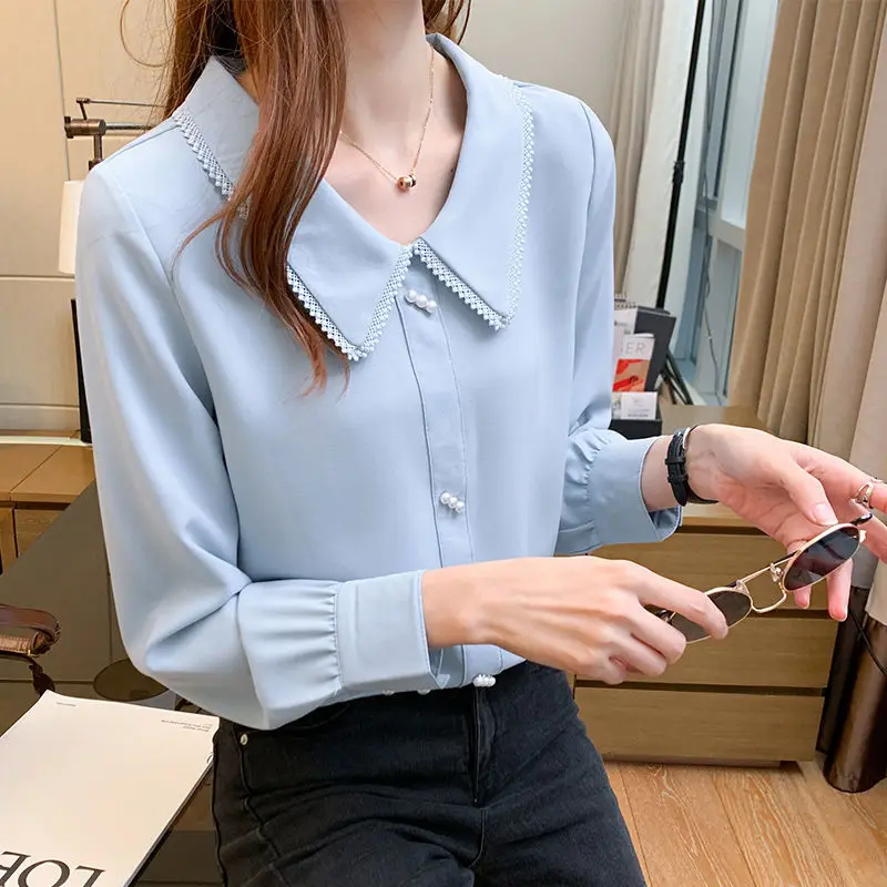 

Korean Elegant Fashion Doll Collar Chic Pearl Button Chiffon Shirt Women Spring Solid Color Sweet Casual Long Sleeve Blouses Top