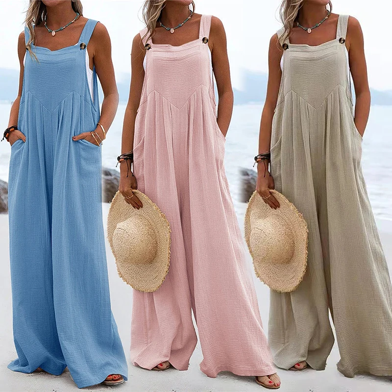 Women Buttons Jumpsuit Sling Wide Leg Bohemian Elegant Suspender Jumpsuit Summer Solid Color Loose Casual New Bohemian Vacation