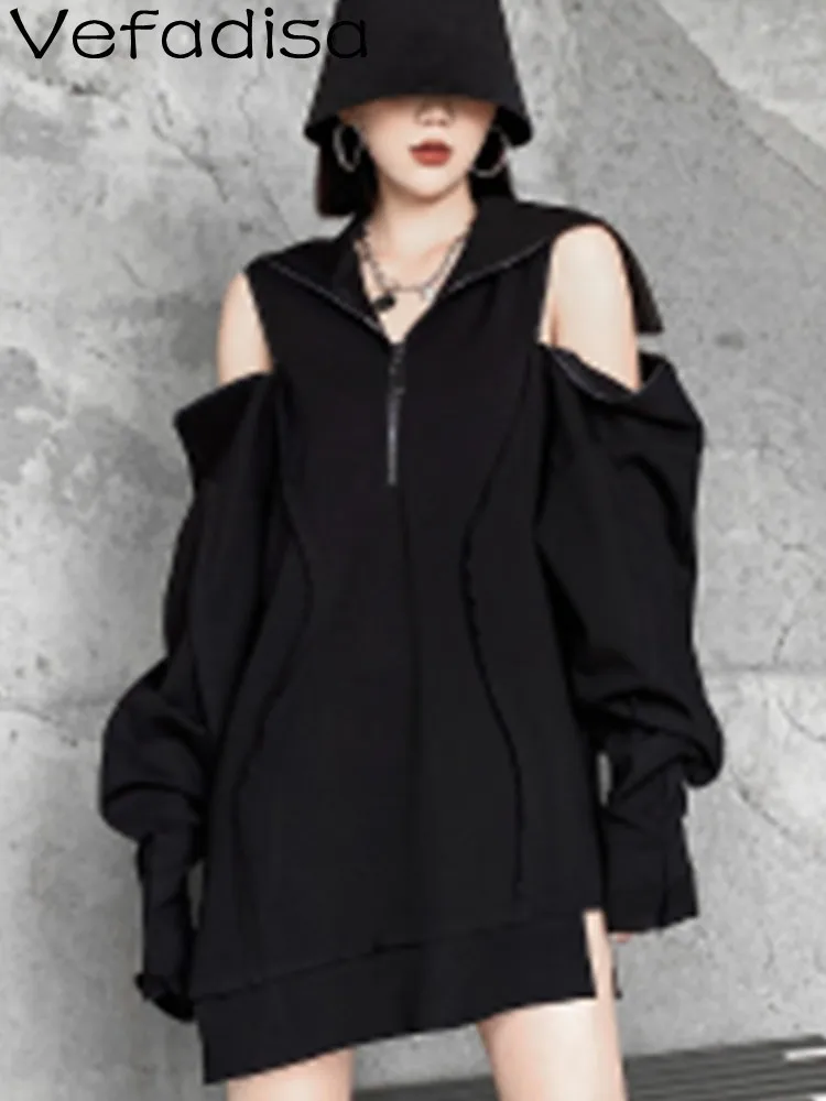 

Vefadisa 2023 Spring Autumn Dark Black Zipper Off Shoulder Sailor Collar Women Sweatershirt Loose Personalized Pullover LWL343