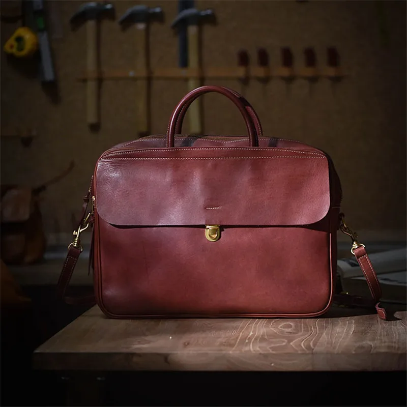 Fashion vintage genuine leather men's women's briefcase business casual luxury natural real cowhide handbag lawyer messenger bag