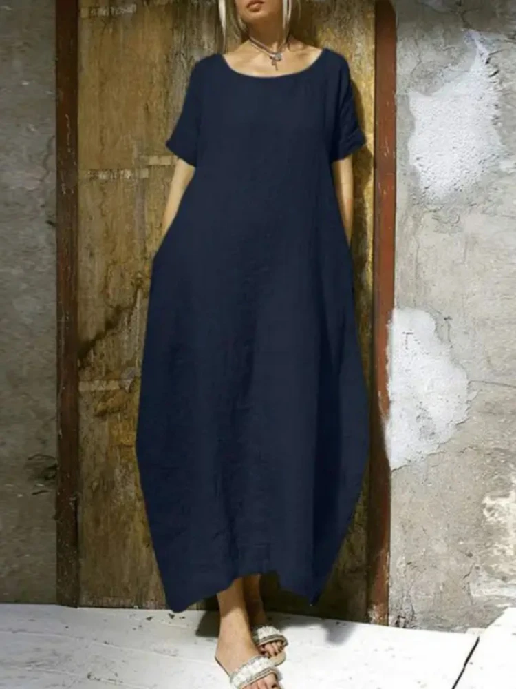 

Платье женское из хлопка и льна, с круглым вырезом и коротким рукавом