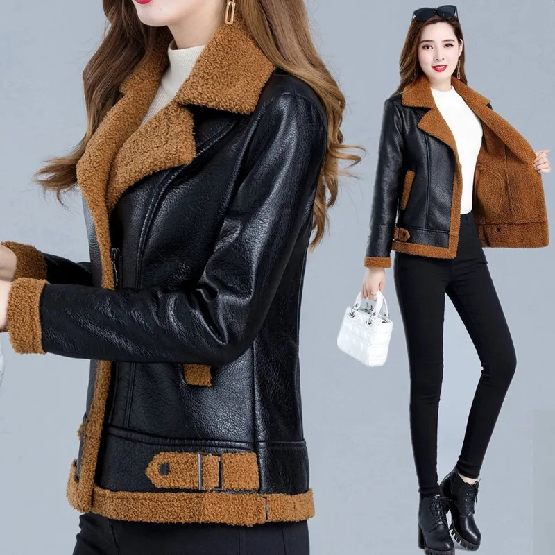 

Women New Leather Jacket Turn Collar Thicken Add Velvet Fur One Moto Biker Coat Lady Overcoat Winter Fur Leather Jacket Aviator