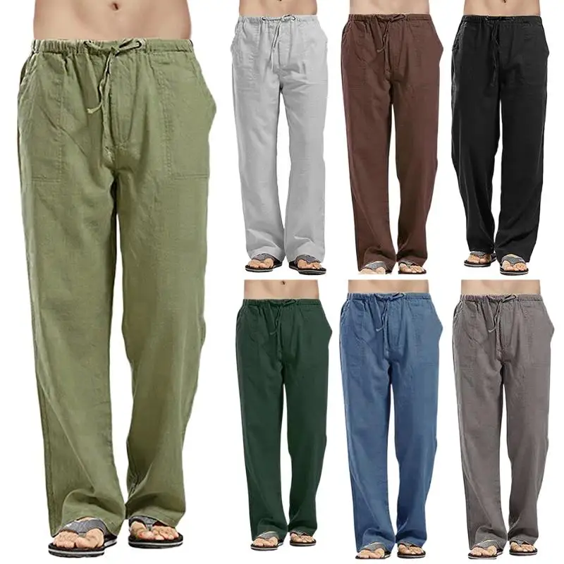 

Men's summer casual cotton and linen slacks with loose pockets