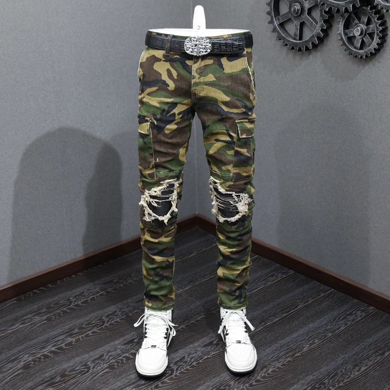 Street Fashion Men Jeans Camouflage Elastic Slim Ripped Jeans Men Big Pocket Designer Leather Patched Hip Hop Brand Pants Hombre