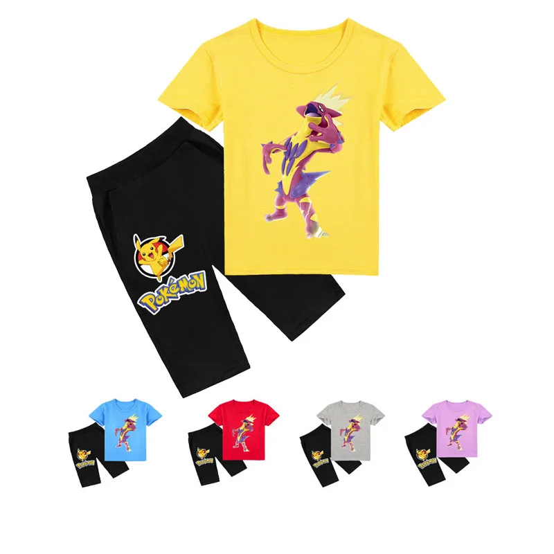 

Детская летняя одежда с покемоном, кавайная одежда, повседневная футболка с круглым вырезом и короткими рукавами + короткие штаны, костюм, к...
