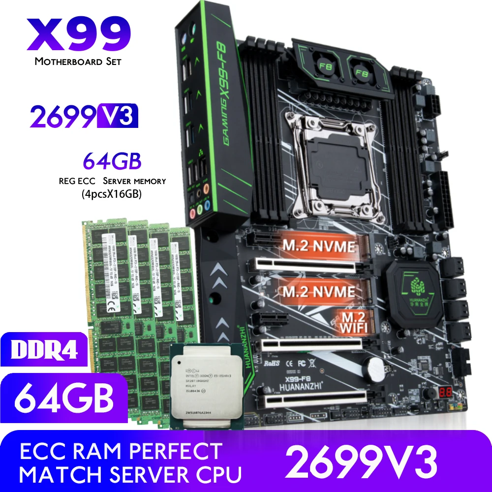 

HUANANZHI F8 X99 Motherboard Set With E5 2699 V3 CPU Processor 64G(4*16) DDR4 ECC RAM Memory LGA 2011-3 Kit M.2 NVME ATX