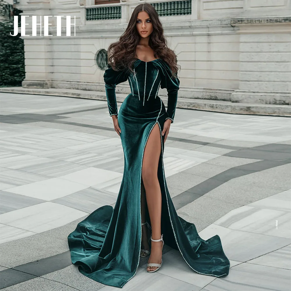 

Sexy Velour Mermaid Evening Dresses High Slit Off Shoulder Prom Party Gowns Women Custom Made Abiti Eleganti Donna Da Cerimonia