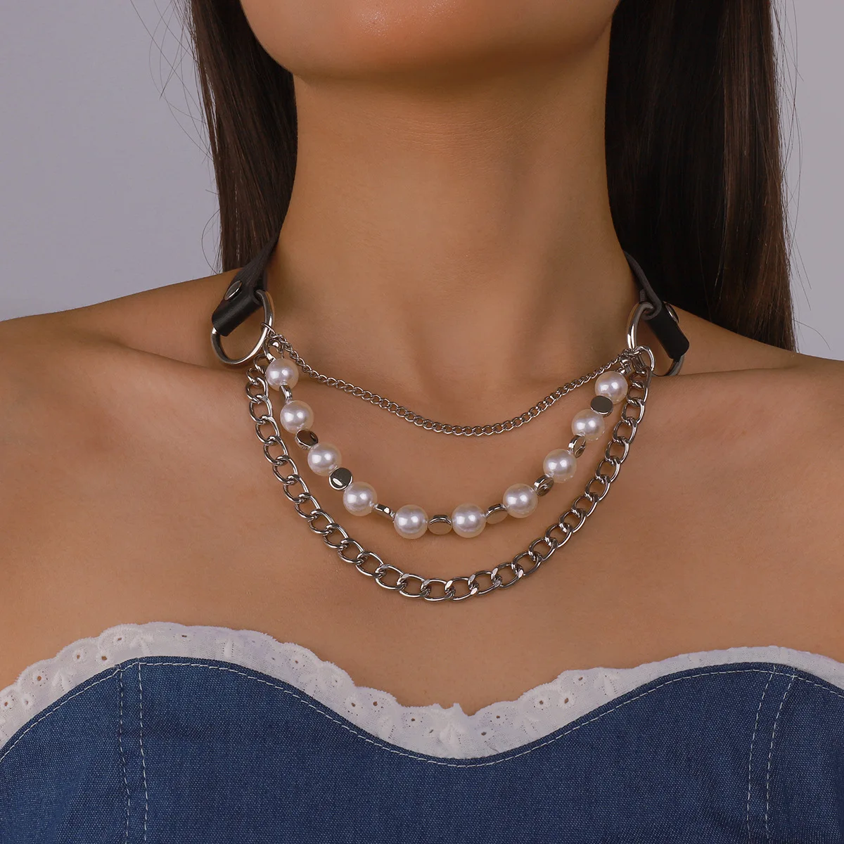Irregular Choker Neckchain PU Leather Imitation Pearl Chain Multi element Exaggerated Necklace