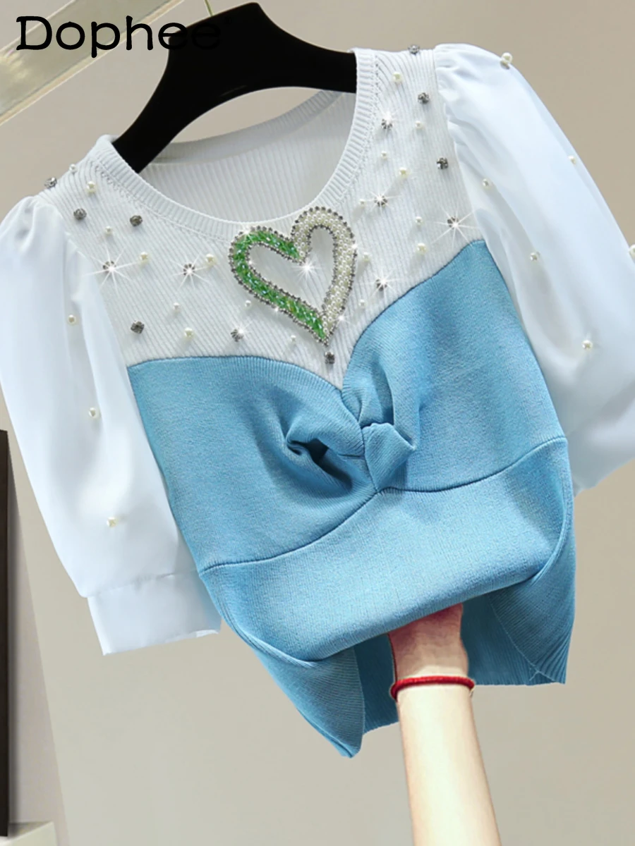 

Puff Sleeve Color Matching Ice Silk Tshirt for Women High Waist Love Beads Rhinestones Short Sleeve T-shirt 2022 Summer Clothes