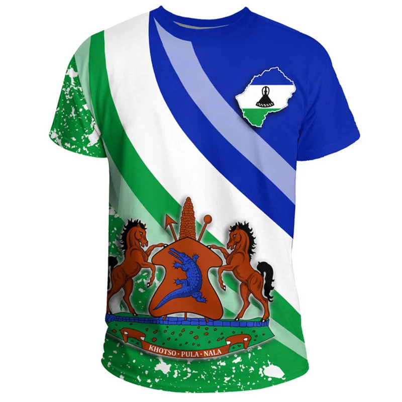 Фото Футболка с 3D-принтом The RepublicOf Lesotho Map Flag Lesotho Герб Графические футболки с короткими рукавами Винтажная мужская одежда Топ №2