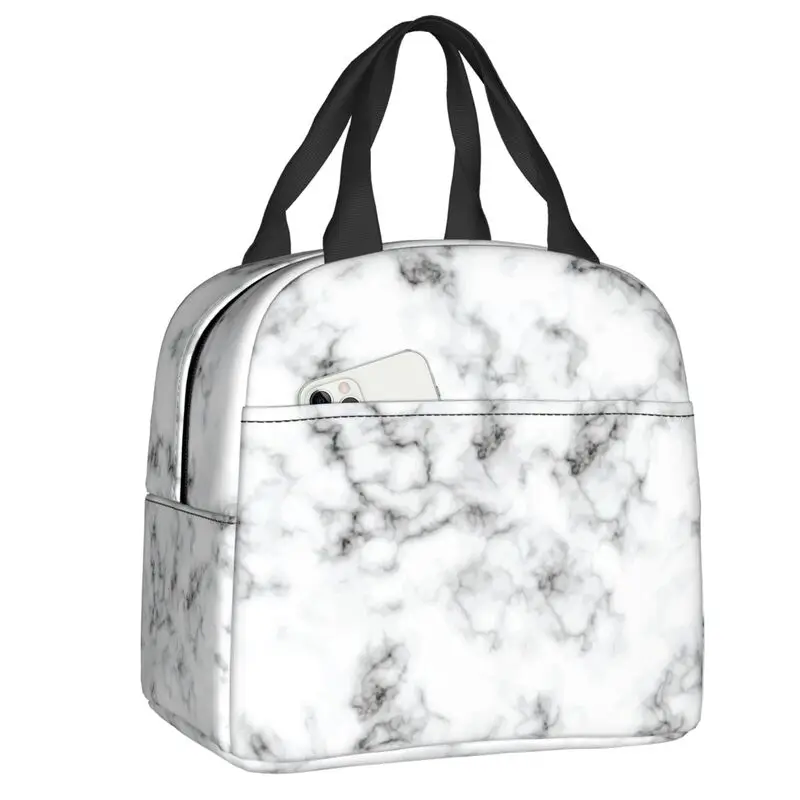 

Minimalistic White Marble Texture Insulated Lunch Bags for Camping Chic Elegant Leakproof Cooler Thermal Lunch Box Women Kids
