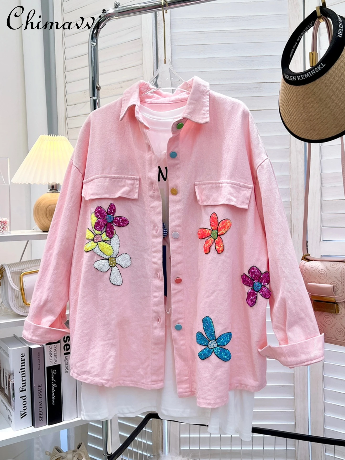 

Korean Fashion Polo Collar 3D Sequined Flower Denim Jacket for Women 2022 Early Autumn New Loose Slim Fit Sweet Pink Jean Coats