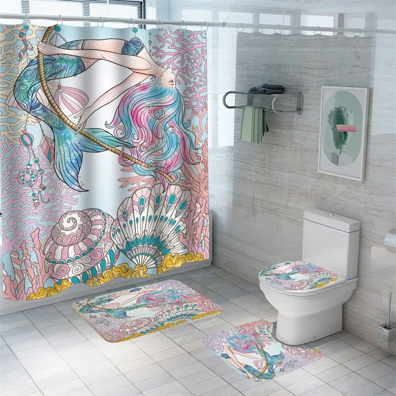 

Cartoon Mermaid Bath Curtain Europe 3D Print Bath Mat Set Waterproof Shower Curtains Polyester Toilet Rugs Anti-slip Carpets