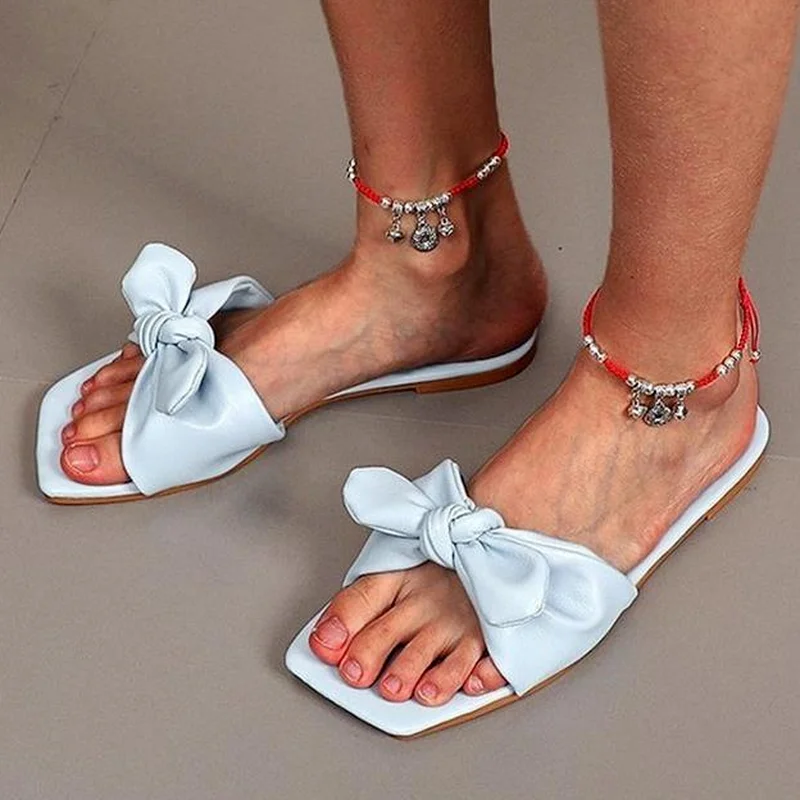 

Women Sandals Fashion Pure Color PU Bowknot Open Toe Shoes Square Toe Flat Heel Comfortable Casual Outdoor Slippers Large Size