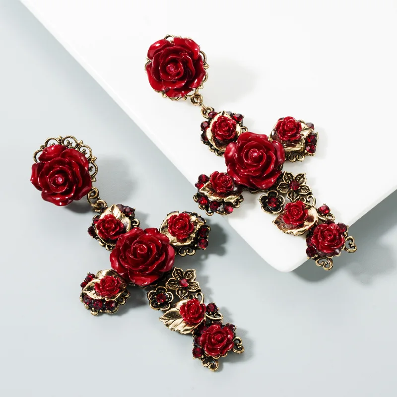 

Girls Enamel Rose Flowers Earrings Baroque Vintage Gold Color Cross Earrings for Women Brincos Statement Jewelry