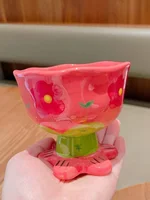 Hand Painted Coffee Mug Goblet Flower Checkerboard Tulip Ceramic Cup Dessert Fruit Bowl Mug Decorative Handmade Gift for Girls