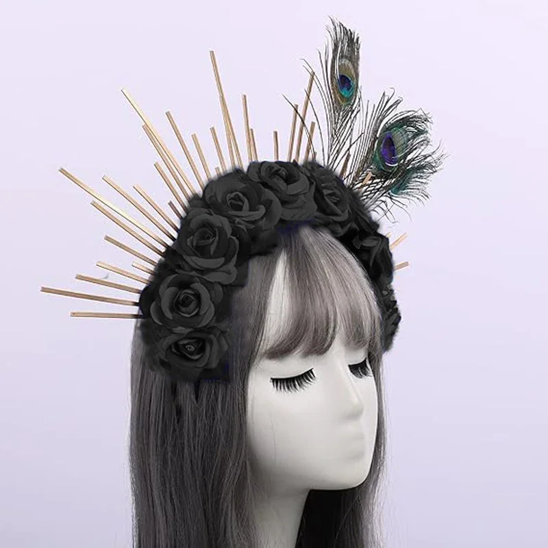 Новый золотой шип Halo Корона павлиньи перья головной убор Свадебная фототиара