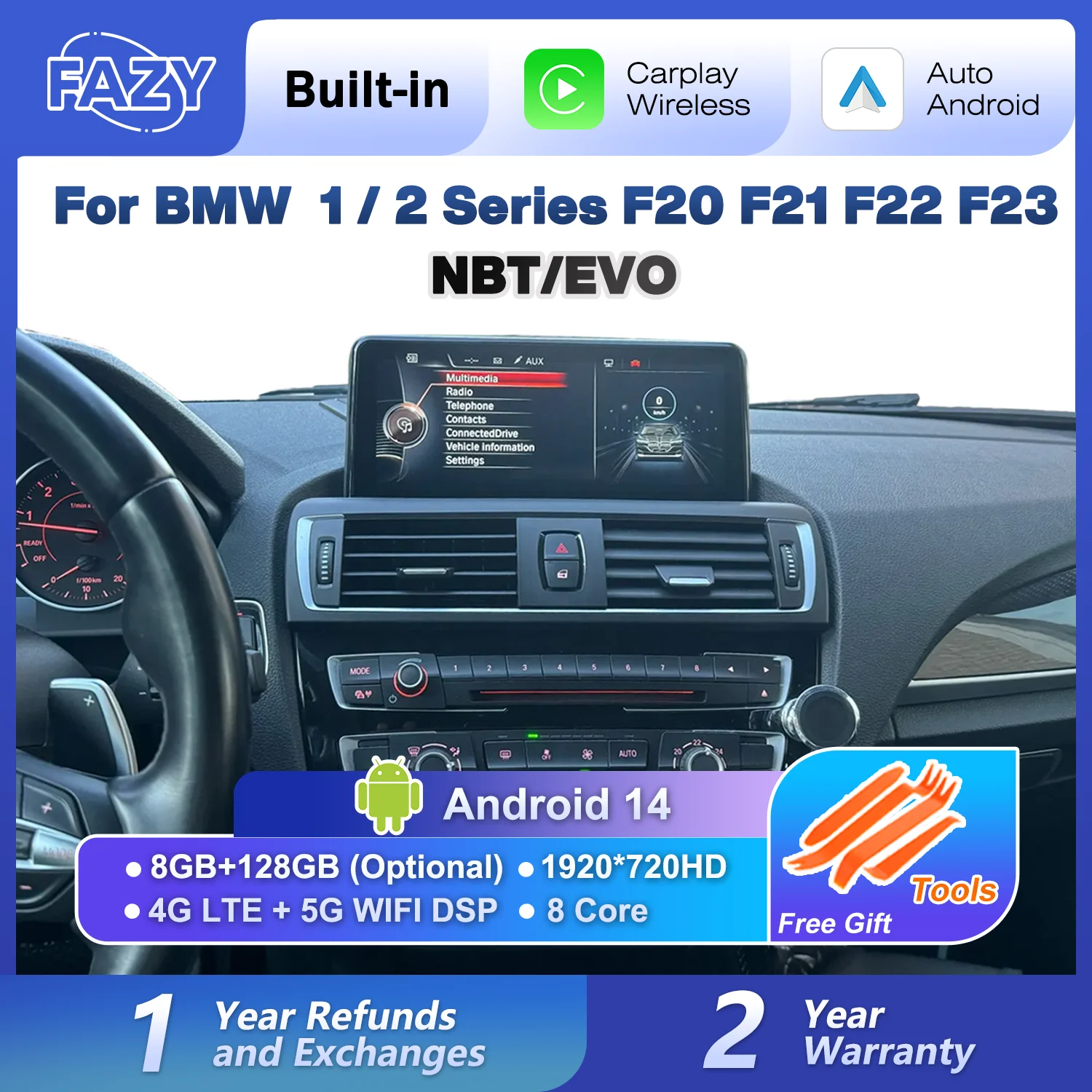 Фото Android 14 Беспроводной автомобильный Carplay для BMW 1 2 серии F20 F21 F22 F23 Автомобильная стереосистема с сенсорным экраном Авторадиоплеер 4G GPS-навигация №1