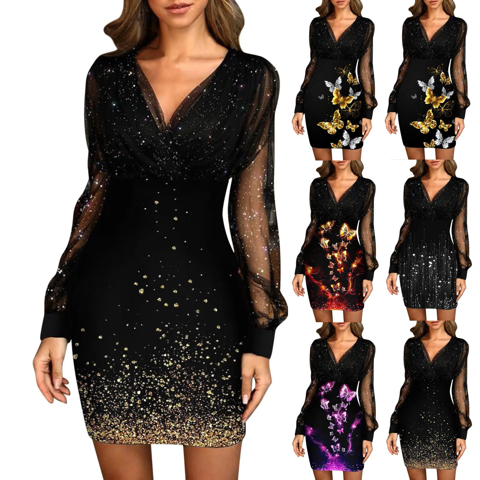 

Sexy Women Long Sleeve Printed Patchwork Slim V-Neck Ladies Mesh Mini Dress Elegant Dresses for Women robe femme платье 2022